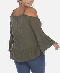 White Mark Plus Cold Shoulder Ruffle Sleeve Top