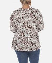 White Mark Plus Pleated Long Sleeve Floral Print Blouse