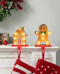 Glitzhome Marquee Led Gingerbread House Gingerbread Man Christmas Stocking Holder Set, 2 Piece