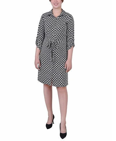 Ny Collection Petite Geometric Printed Long Sleeve Roll Tab Shirtdress