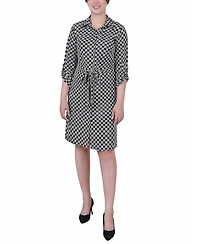 Ny Collection Petite Geometric Printed Long Sleeve Roll Tab Shirtdress