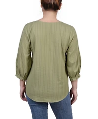 Petite 3/4 Sleeve Button Placket Jacquard Blouse