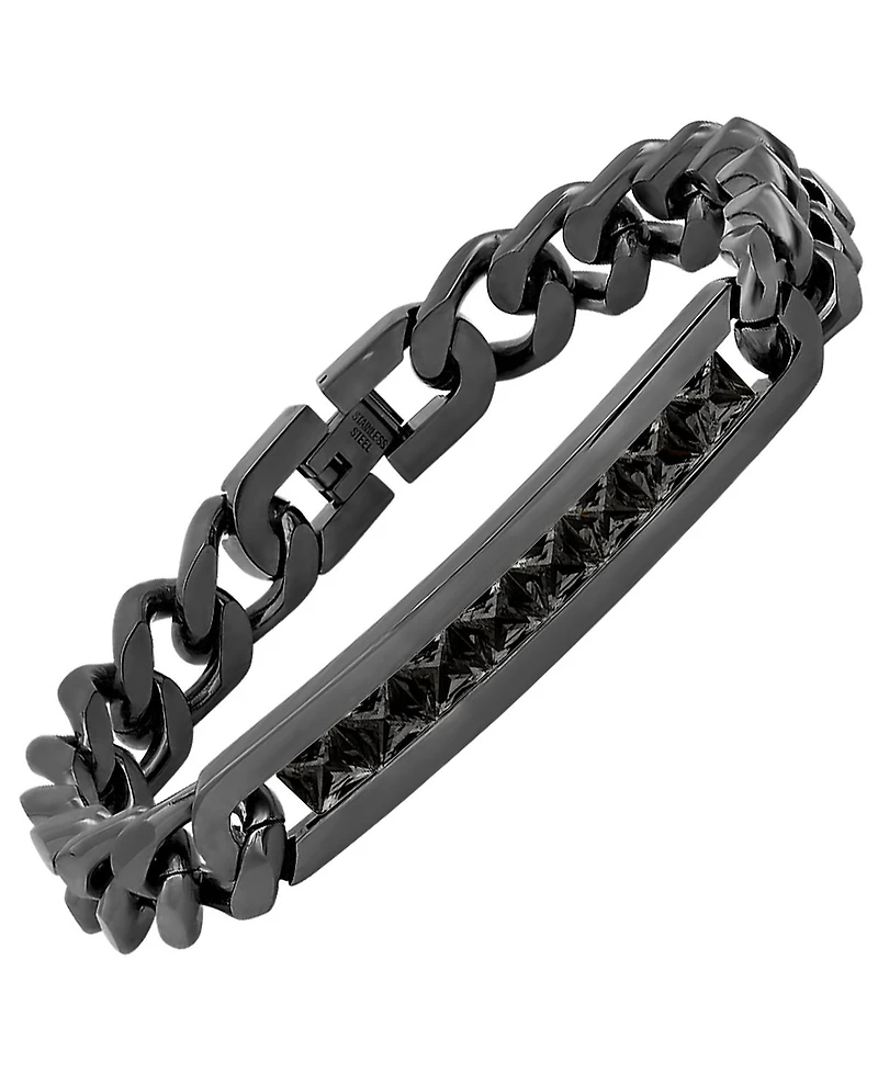 Steeltime Black Ion Plating Thick Cuban Link Chain and Simulated Black Diamonds Id Bracelet