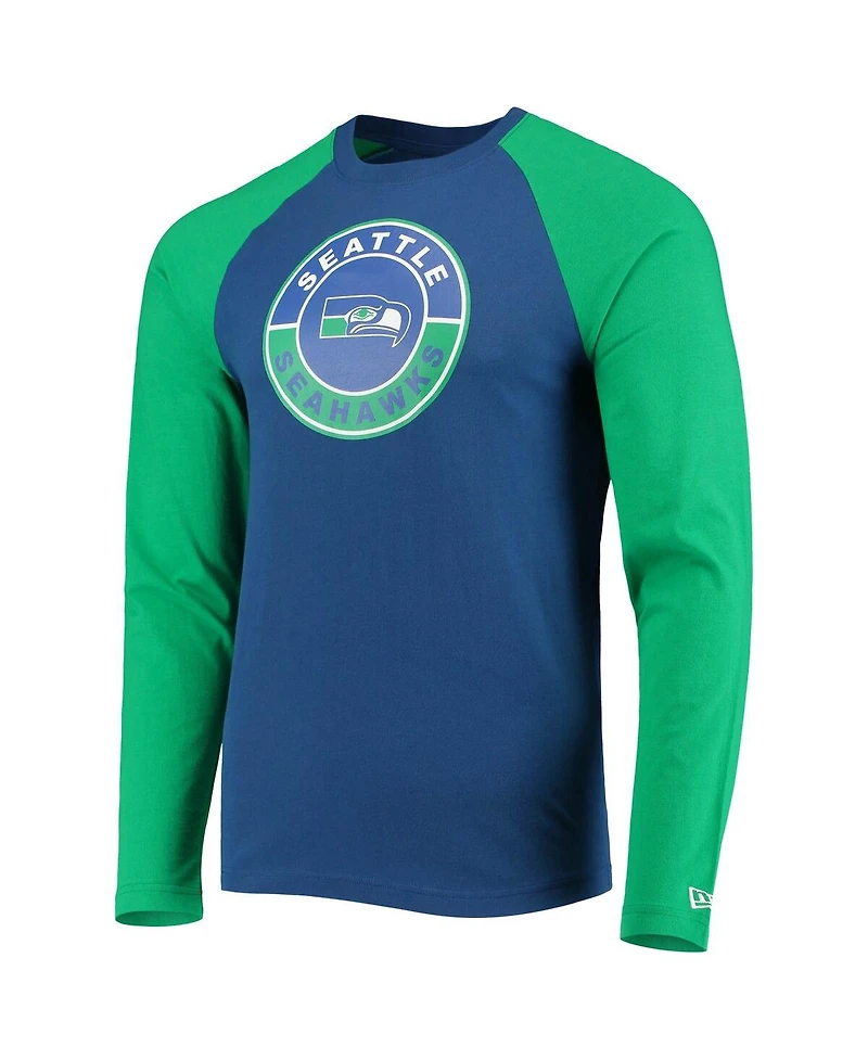Men's New Era Royal, Green Seattle Seahawks League Raglan Throwback Long Sleeve T-shirt