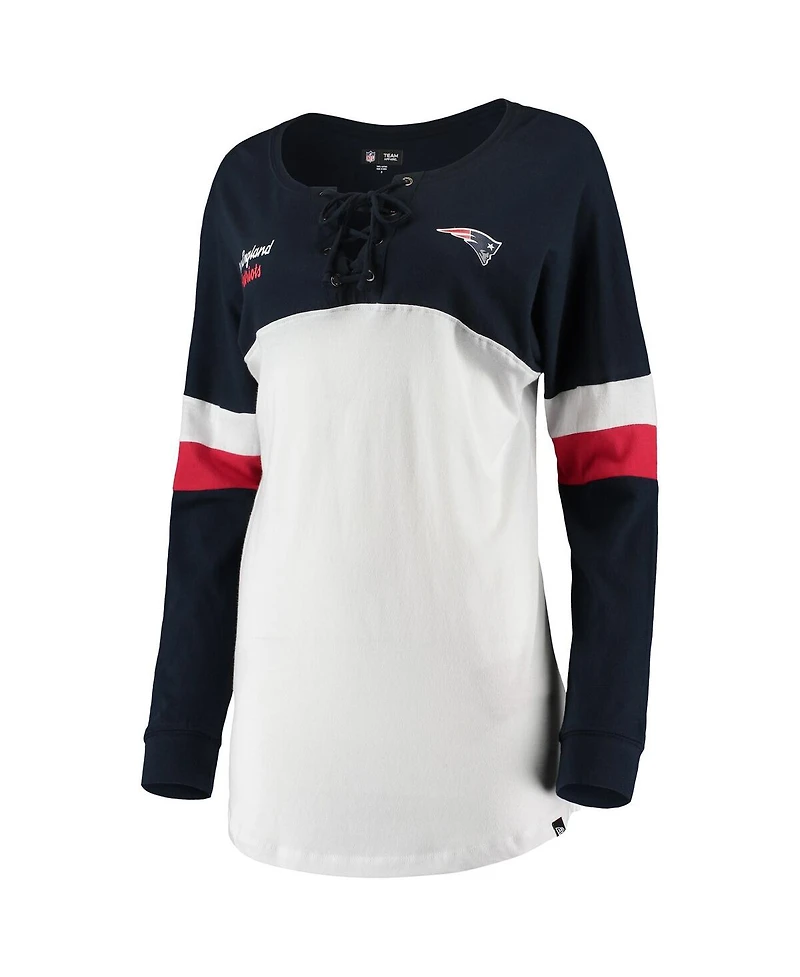 Women's New Era White, Navy New England Patriots Athletic Varsity Lace-Up V-Neck Long Sleeve T-shirt