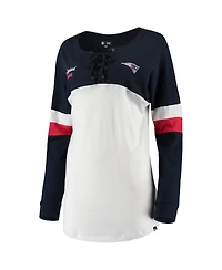 Women's New Era White, Navy New England Patriots Athletic Varsity Lace-Up V-Neck Long Sleeve T-shirt