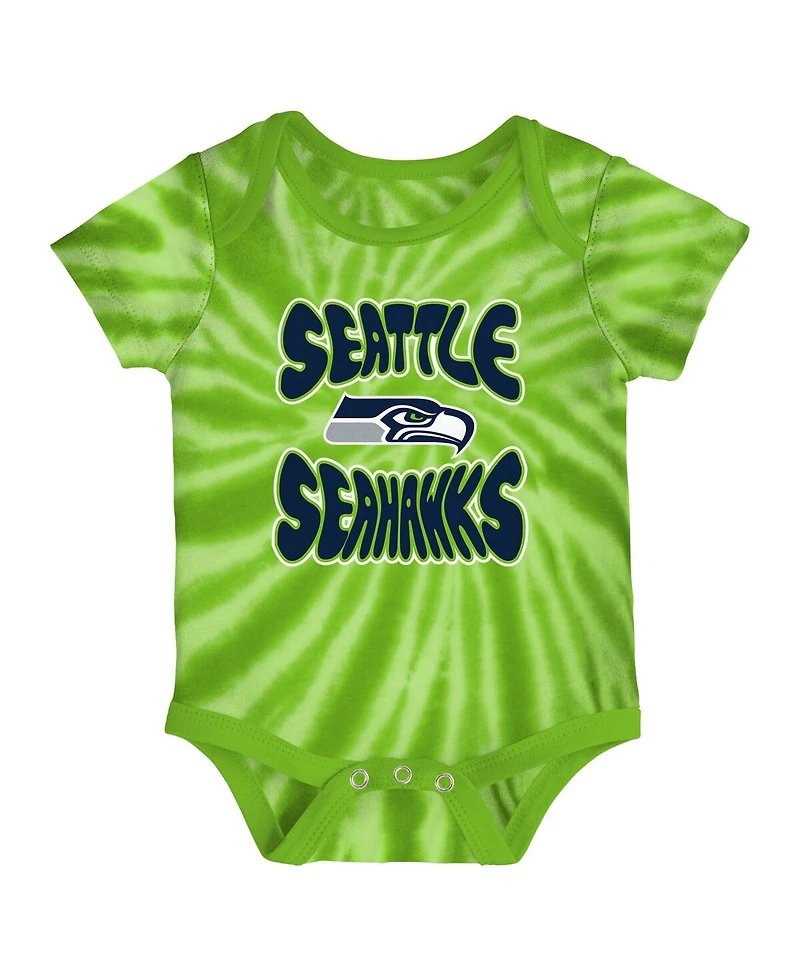 Newborn and Infant Boys Girls Neon Green, White Seattle Seahawks Monterey Tie-Dye 2-Pack Bodysuit Set