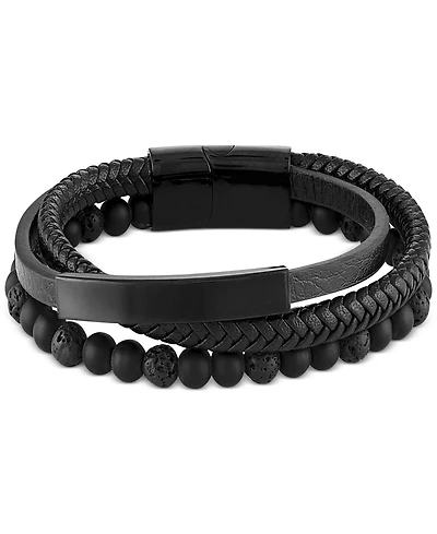 Men's Onyx & Lava Bead Triple Row Braided Leather Bracelet Black Ion-Plated Stainless Steel (Also Onyx/Sodalite)