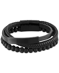 Men's Onyx & Lava Bead Triple Row Braided Leather Bracelet Black Ion-Plated Stainless Steel (Also Onyx/Sodalite)