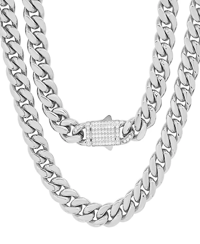 Steeltime Thick Cuban Link Chain with Simulated Diamonds Clasp Necklace