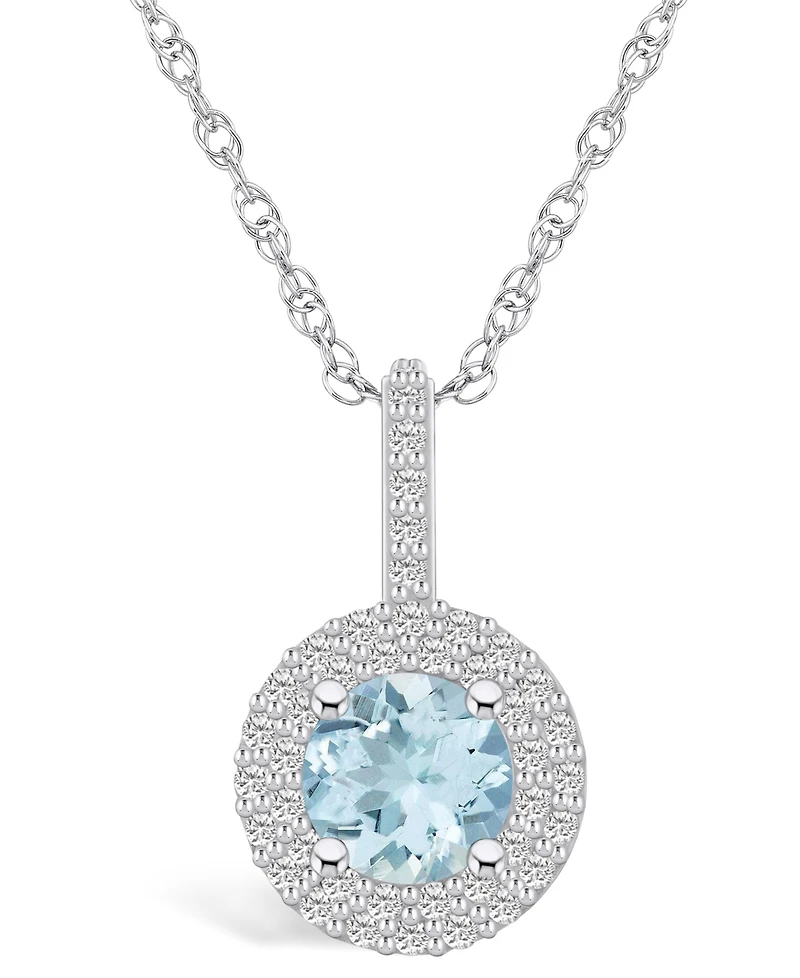 Macy's Aquamarine (1-1/ Ct. T.w.) and Diamond (3/8 Ct. T.w.) Halo Pendant Necklace in 14K White Gold