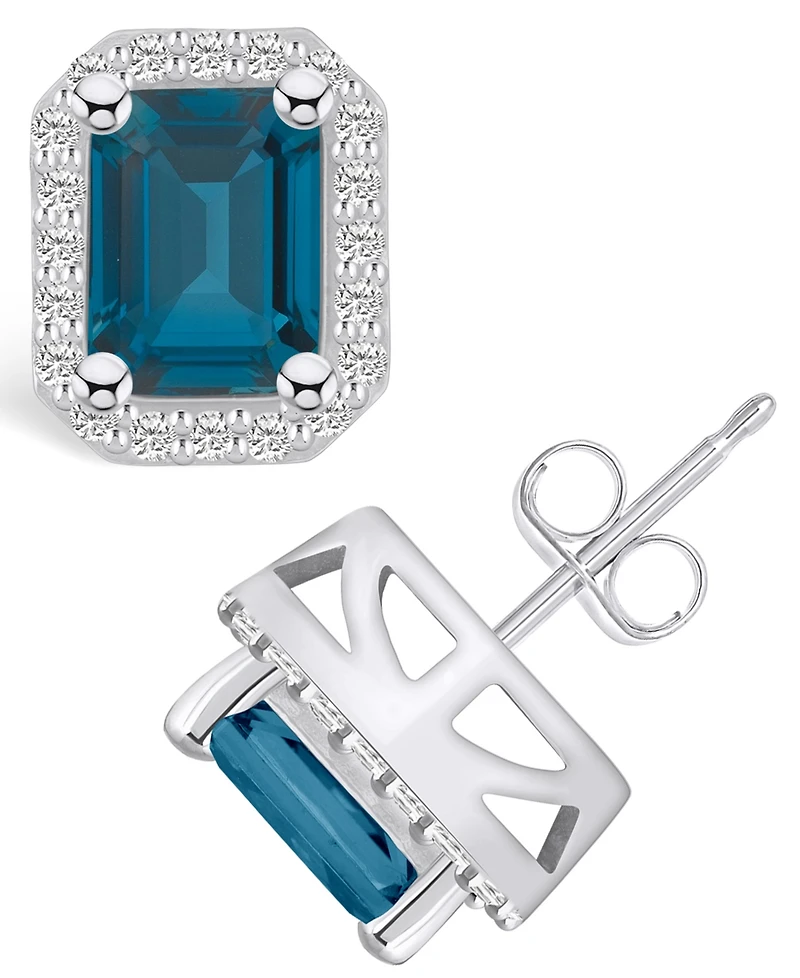 Macy's London Topaz (4 ct. t.w.) and Diamond (3/8 ct. t.w.) Halo Stud Earrings in 14K Gold