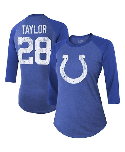 Women's Majestic Threads Jonathan Taylor Royal Indianapolis Colts Player Name and Number Raglan Tri-Blend 3/4-Sleeve T-shirt