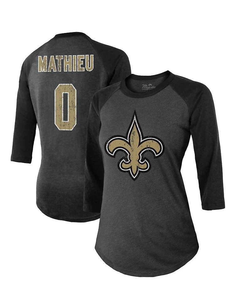 Women's Majestic Threads Tyrann Mathieu Black New Orleans Saints Name & Number Raglan 3/4 Sleeve T-shirt