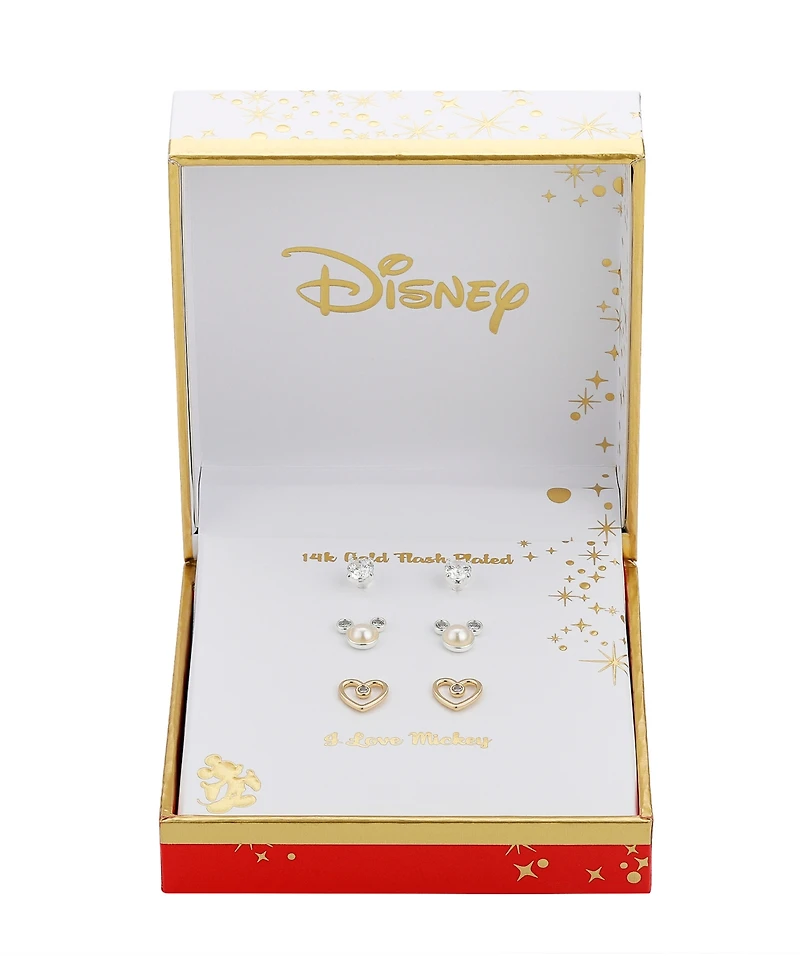Disney Cubic Zirconia Mickey Mouse Earring in 14K Gold Flash Plated Set 3 Piece