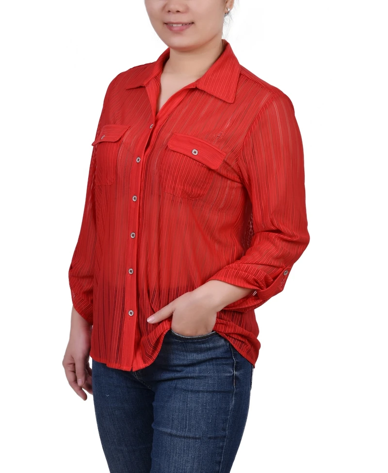 Ny Collection Petite Long Roll Tab Sleeve Burnout Knit Top