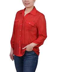 Ny Collection Petite Long Roll Tab Sleeve Burnout Knit Top