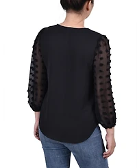 Ny Collection Petite V-neck Blouse with 3/4 Jacquard Chiffon Sleeves