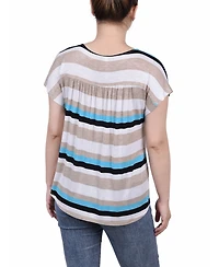 Ny Collection Petite Short Sleeve Striped V-neck Top