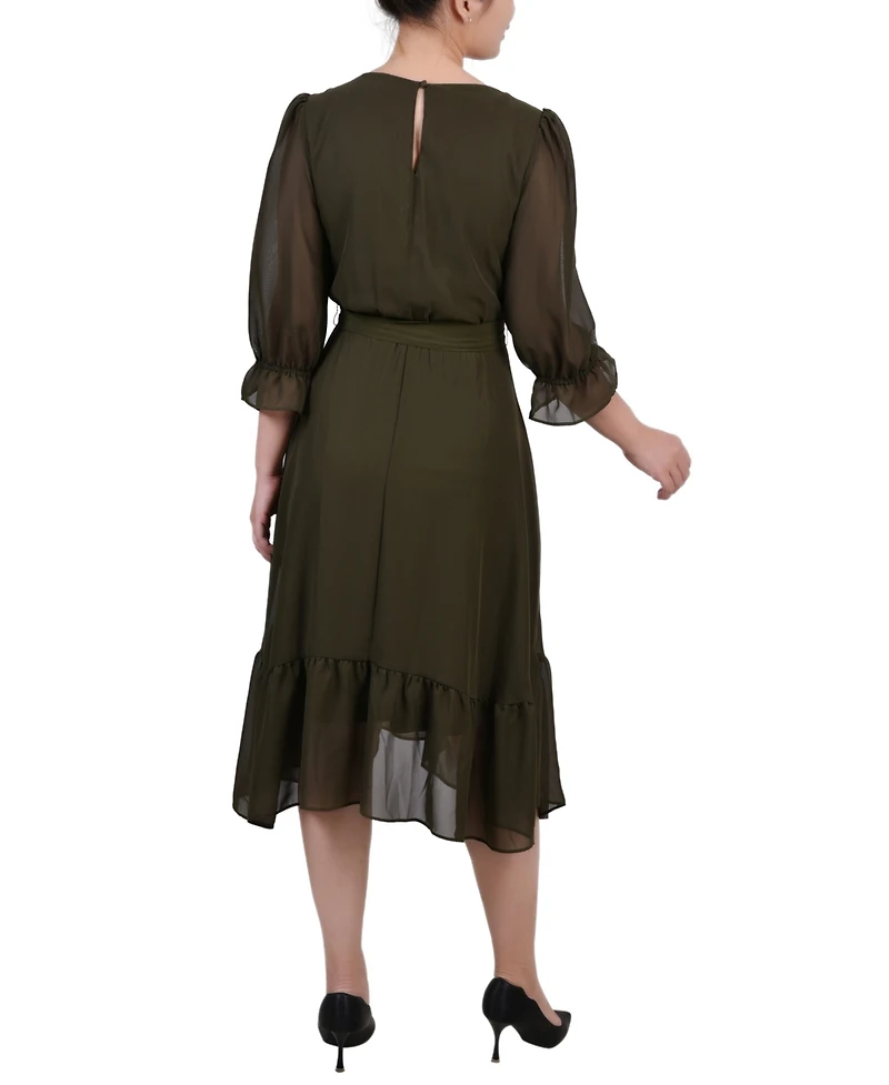 Ny Collection Petite 3/4 Sleeve V-neck Flounced Dress