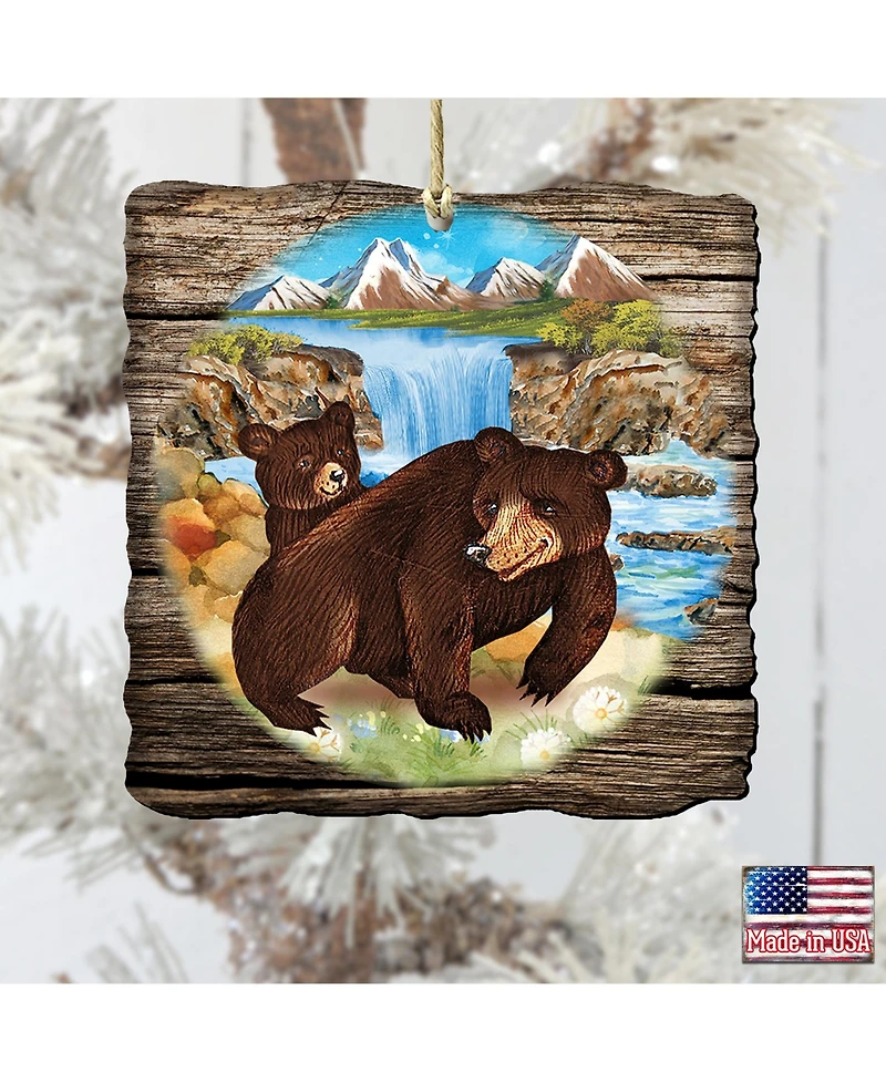 Designocracy Bear Cabin Wooden Christmas Ornament, Set of 2
