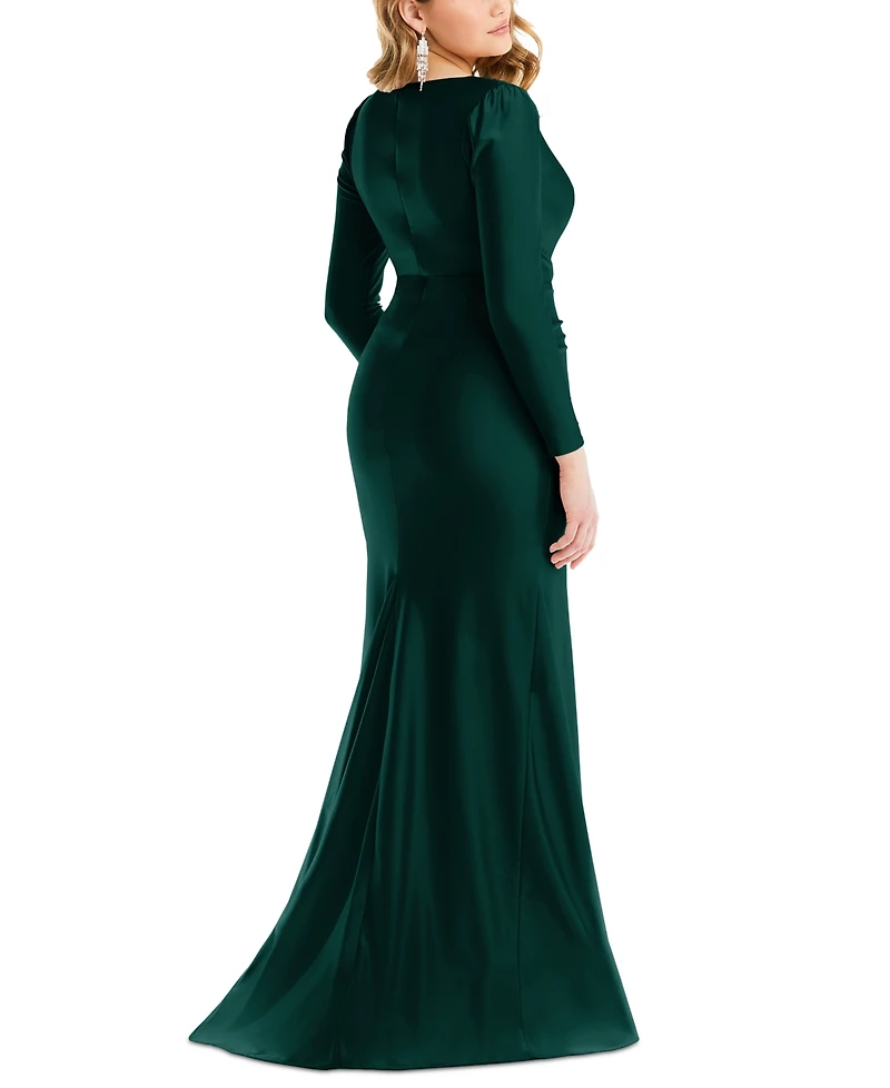 Cynthia & Sahar Women's Long Sleeve Draped Wrap Stretch Satin Mermaid Dress with Slight Train