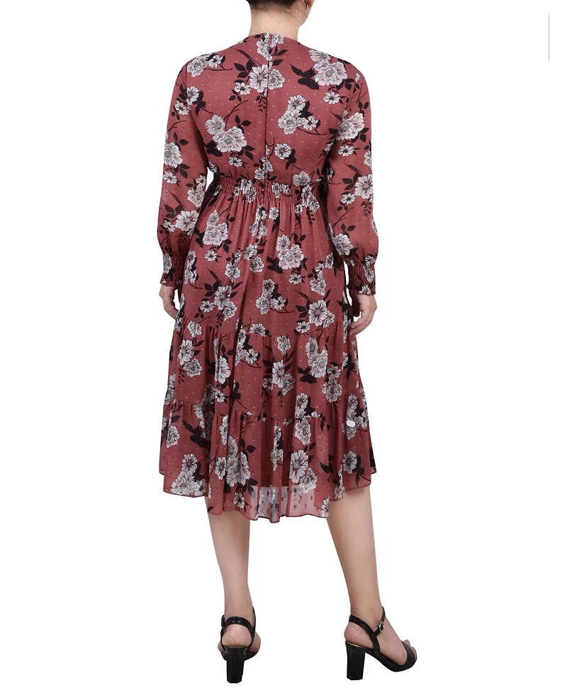 Women's Long Sleeve Clip Dot Chiffon Dress with Smocked Waist and Cuffs