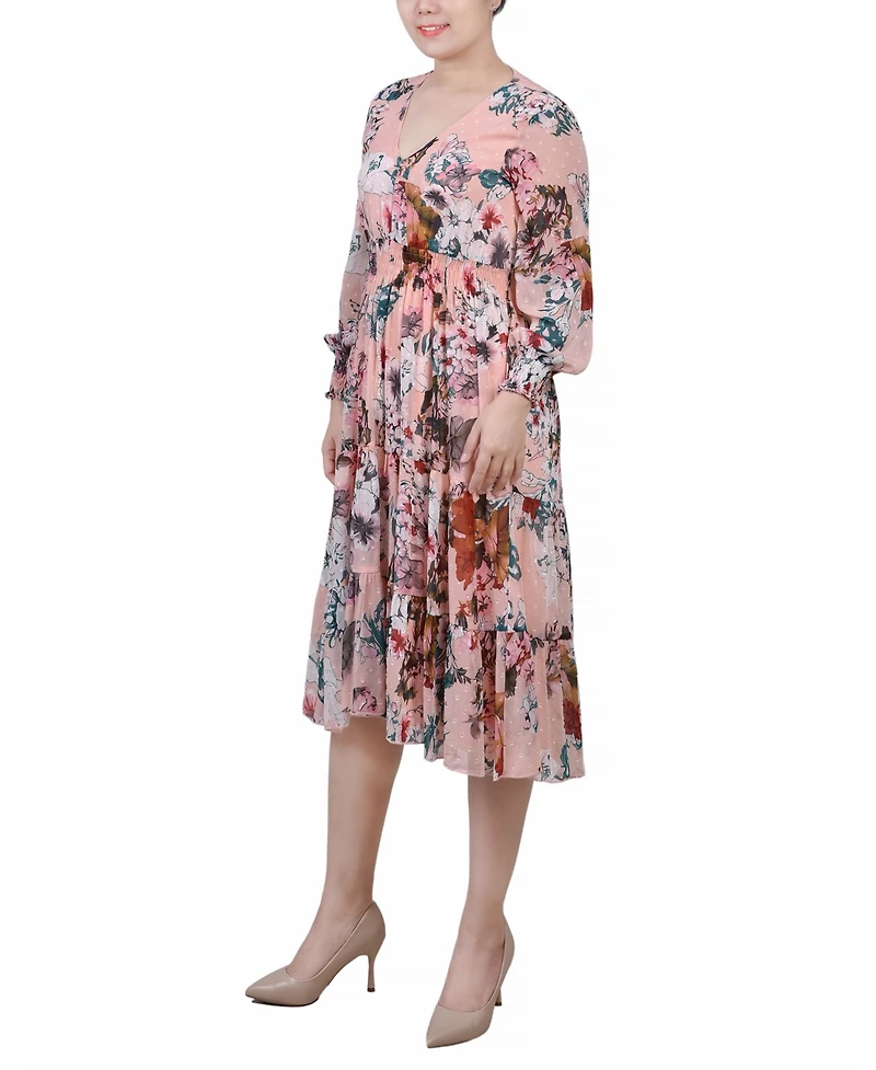 Women's Long Sleeve Clip Dot Chiffon Dress with Smocked Waist and Cuffs