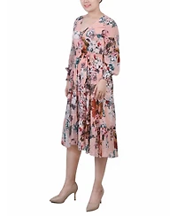 Women's Long Sleeve Clip Dot Chiffon Dress with Smocked Waist and Cuffs