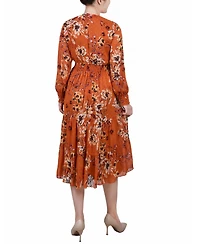 Women's Long Sleeve Clip Dot Chiffon Dress with Smocked Waist and Cuffs