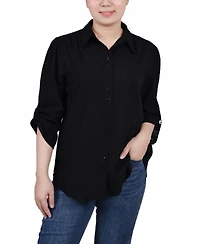 Ny Collection Women's 3/4 Roll Tab Sleeve Cotton Blouse