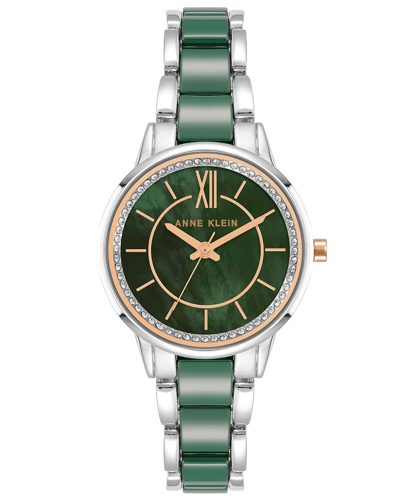 Anne Klein Women's Three-Hand Quartz Silver-Tone Alloy with Green Ceramic Bracelet Watch, 32mm