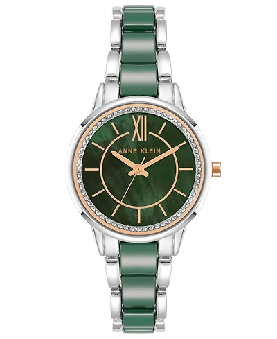 Anne Klein Women's Three-Hand Quartz Silver-Tone Alloy with Green Ceramic Bracelet Watch, 32mm