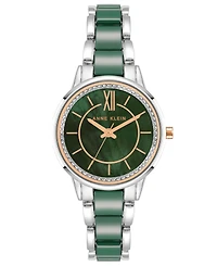 Anne Klein Women's Three-Hand Quartz Silver-Tone Alloy with Green Ceramic Bracelet Watch, 32mm