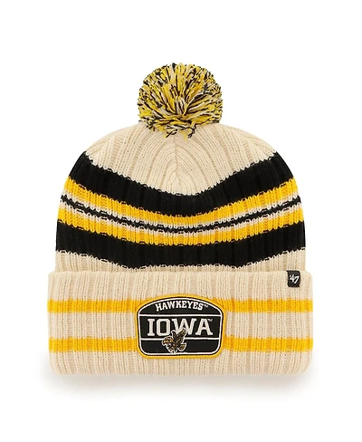 Men's '47 Natural Iowa Hawkeyes Hone Patch Cuffed Knit Hat with Pom