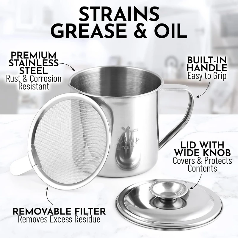 Stainless Steel Bacon Grease Container With Strainer, Lid & Handle