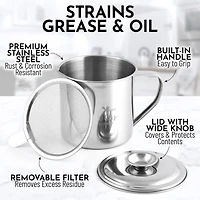 Stainless Steel Bacon Grease Container With Strainer, Lid & Handle