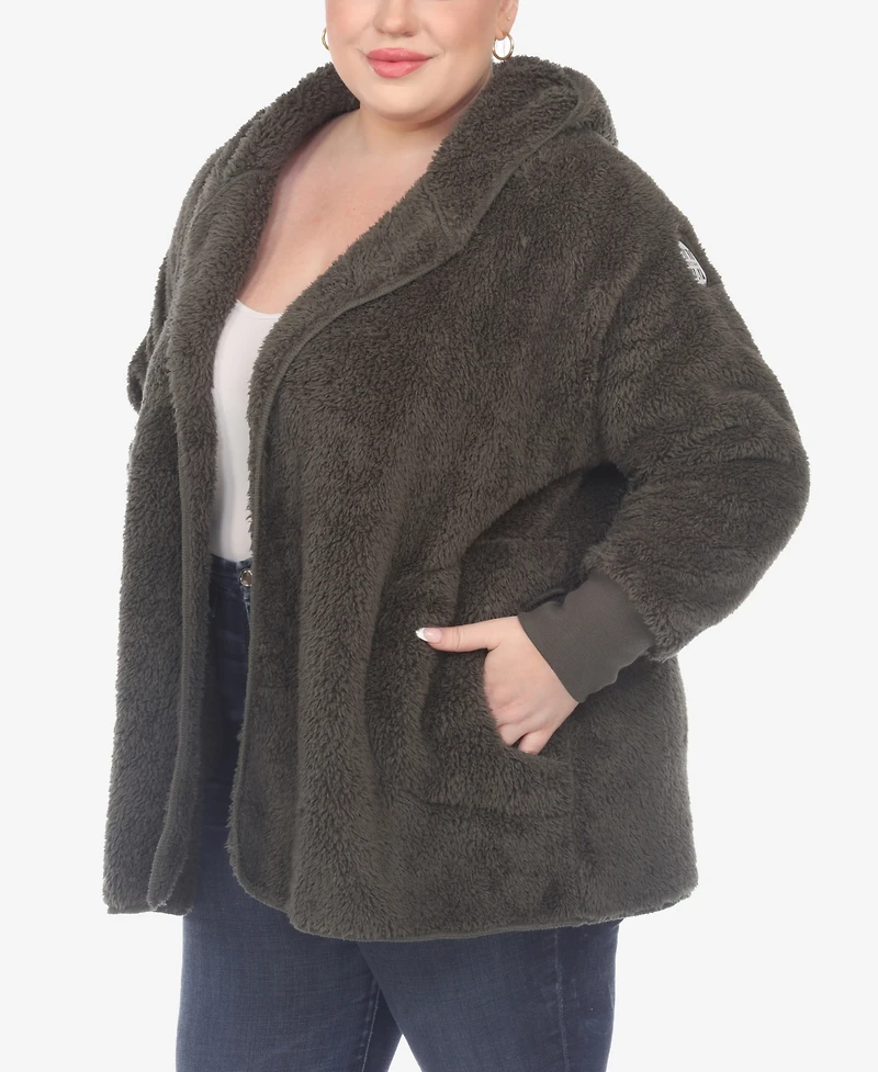 White Mark Plus Plush Hooded Cardigan Jacket with Pockets