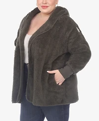 White Mark Plus Plush Hooded Cardigan Jacket with Pockets