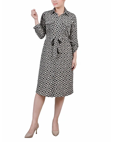 Ny Collection Petite Geometric Printed Long Sleeve Roll Tab Shirtdress