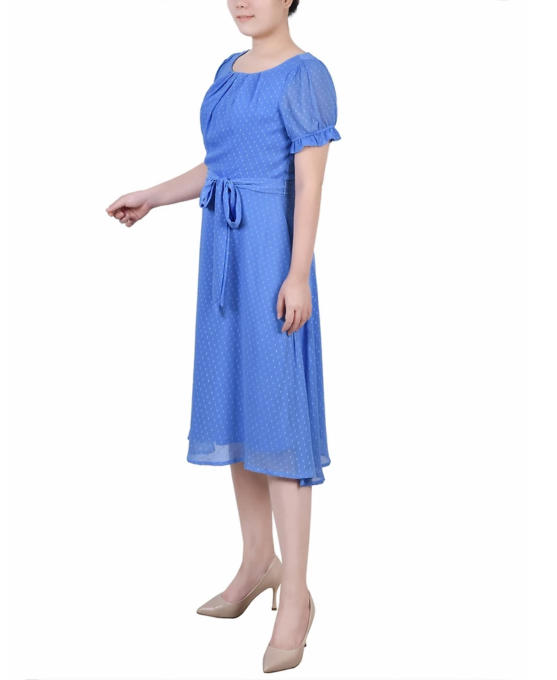 Ny Collection Petite Short Sleeve Belted Swiss Dot Dress