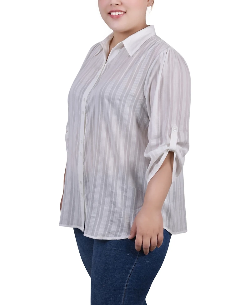 Ny Collection Plus 3/4 Roll Tab Sleeve Cotton Blouse