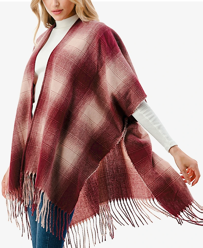Marcus Adler Women's Plaid Open-Front Fringe-Trim Poncho