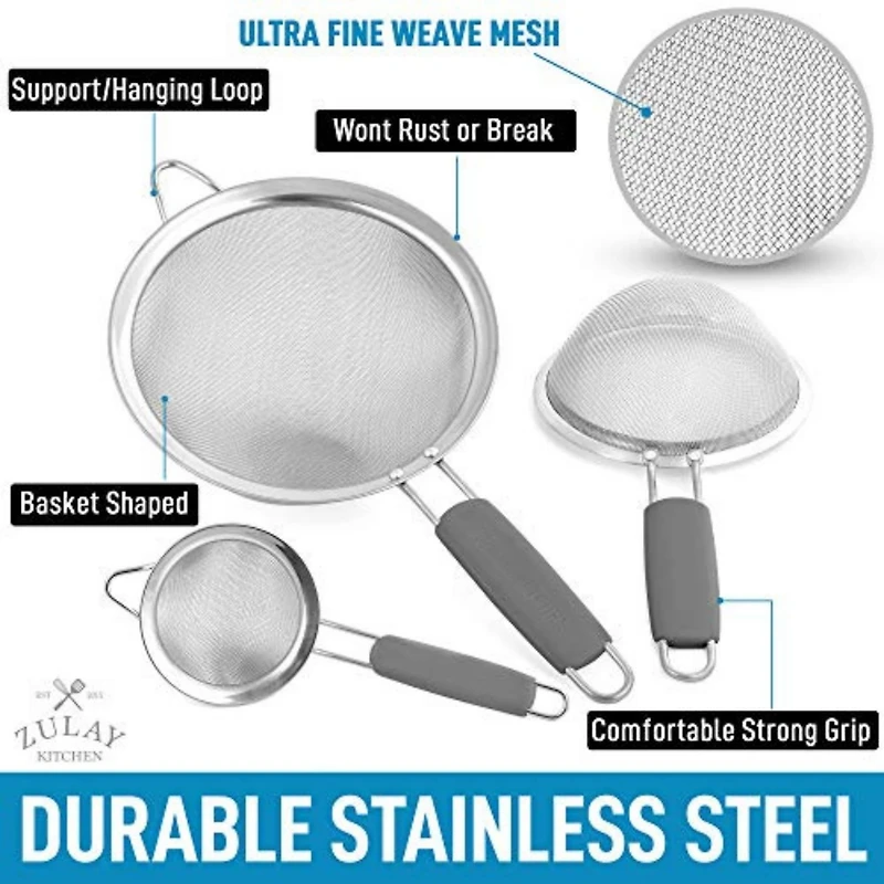 Premium Stainless Steel Fine Mesh Strainer Set - Strainers for Kitchen (Set of 3) with Non-slip Handles