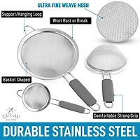 Premium Stainless Steel Fine Mesh Strainer Set - Strainers for Kitchen (Set of 3) with Non-slip Handles