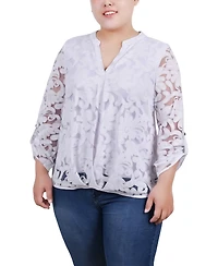Ny Collection Plus Long Sleeve Burnout Y-Neck Blouse
