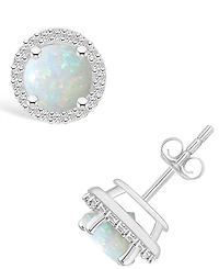 Lab Grown Opal (3/4 ct. t.w.) and Lab Grown Sapphire (1/5 ct. t.w.) Halo Studs in 10K White Gold
