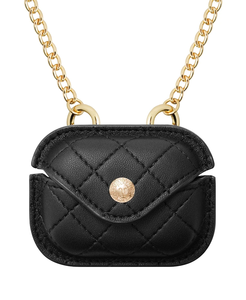 Anne Klein Women's Black Faux Leather Quilted Case with Crossbody Chain designed for AirPods Pro