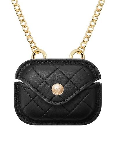 Anne Klein Women's Black Faux Leather Quilted Case with Crossbody Chain designed for AirPods Pro