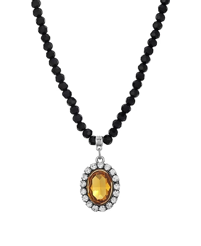 2028 Crystal Rimmed Topaz Oval Black Beaded Adjustable Necklace